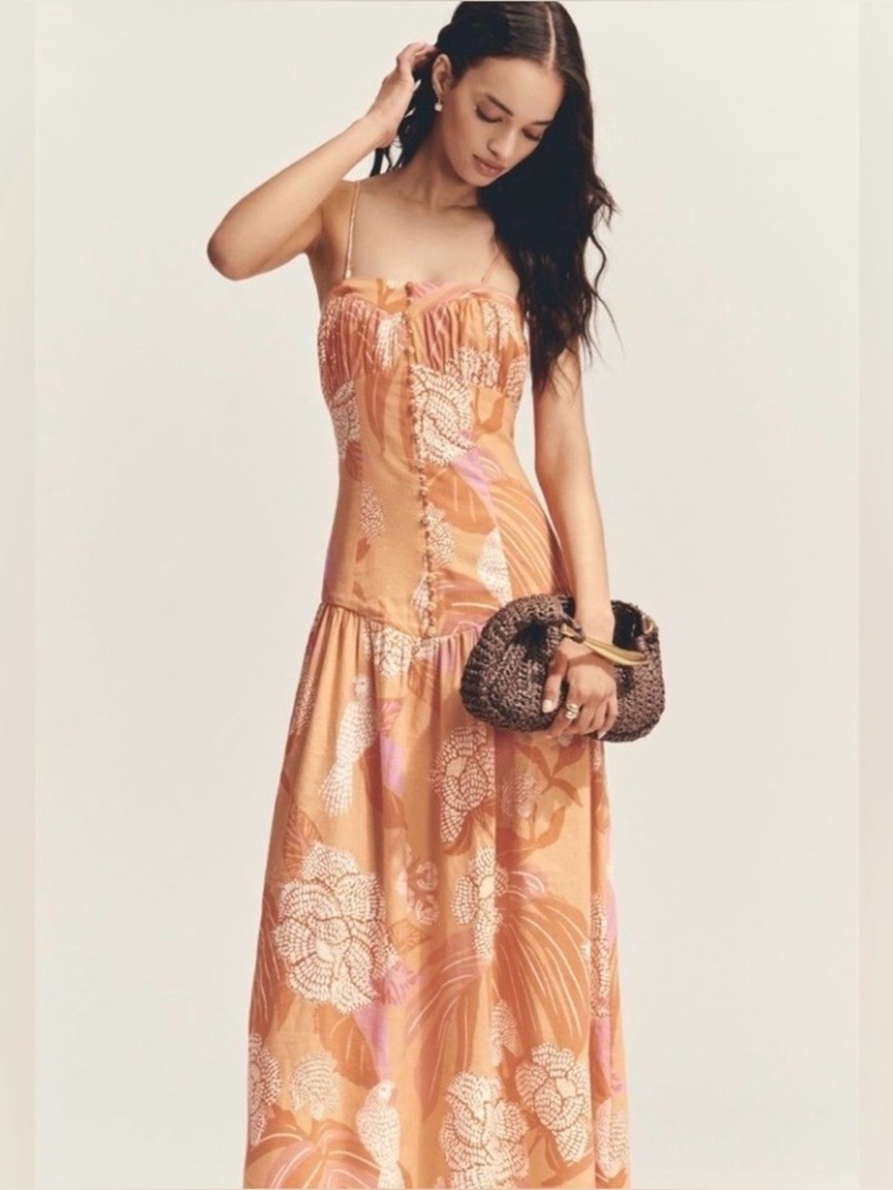 FARM Rio Peach-Pink Floral Spaghetti-Strap Maxi Dress